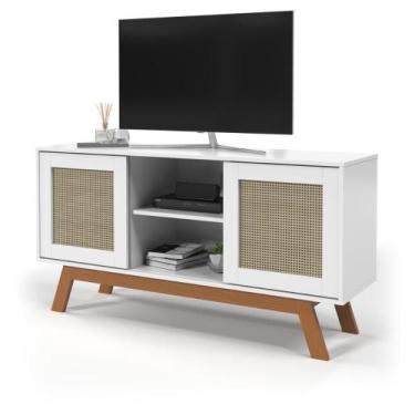 Imagem de Rack Buffet com duas Porta de Correr Rattan pés em Madeira Branco Ofer