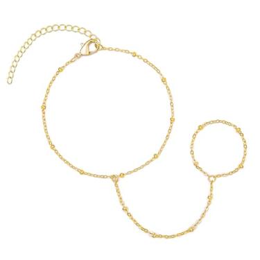 Imagem de Pulseira de corrente de mão banhada a ouro 14K com anel, delicada pulseira de dedo de zircão cúbico, joia corporal de punho ajustável presentes para mulheres, One Size, Zircônia cúbica