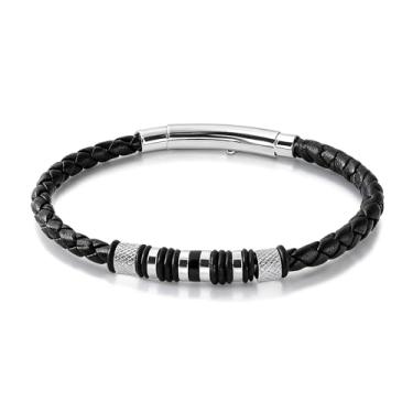 Imagem de Zordixon Pulseira masculina de couro preto com acessórios de aço inoxidável - Joia casual elegante