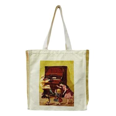 Imagem de Sacola de lona estética vintage, sacola com zíper com bolso interno, bolsas de ombro para mulheres, viagens, compras e presente, Família feliz