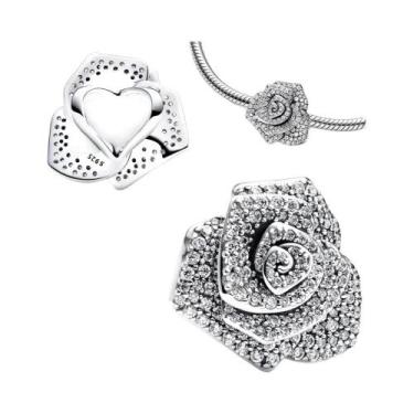 Imagem de Colar E Brincos De Prata Esterlina 925 Com Pingente De Rosa Grande Par