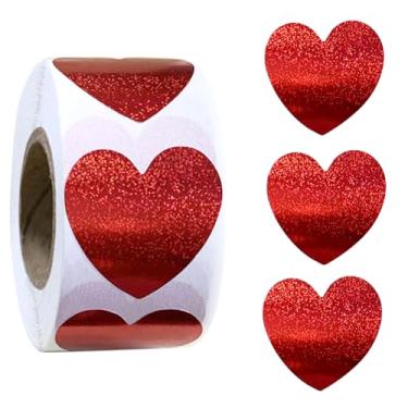 Imagem de 500 pçs adesivos de coração dos namorados rolo vermelho autoadesivo adesivos de cartão de presente de dia dos namorados adesivos metálicos brilhantes à prova d'água amor para decorações de envelopes