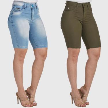 Imagem de Kit 2 Bermudas Jeans HNO Jeans Ciclista com Elastano Azul-Verde Musgo,