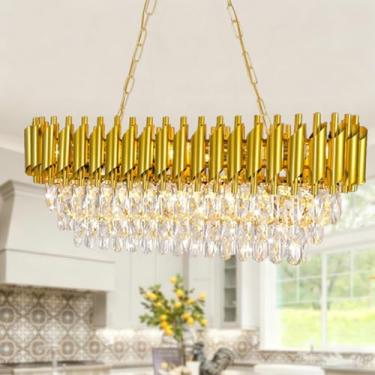 Imagem de MSSIAN Luminária de teto oval contemporânea, lustre dourado de luxo L32in, lustre retangular moderno, luminária pendente de teto linear para quarto, cozinha, 8 luzes