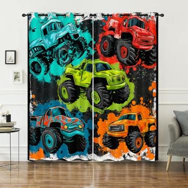 Imagem de AILONEN Cortinas de desenho animado de caminhão monstro para quarto de meninos, cortinas coloridas de janela com impressão de carro, estampa de caminhão 3D para quarto infantil, 2 painéis 132 cm L x