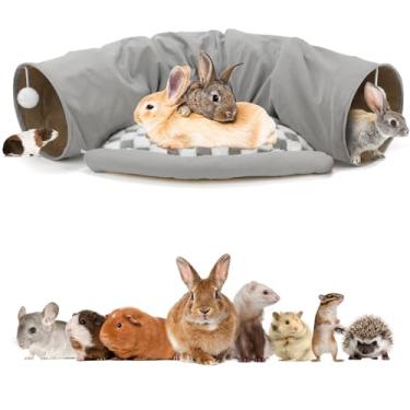 Imagem de BWOGUE Cama de túnel de coelho, tubos dobráveis 2 em 1, brinquedos com tapete removível para gatos, gatinhos, coelhos, porquinhos-da-índia, gatinhos (cinza)