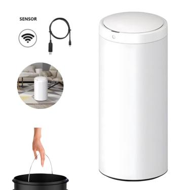 Imagem de Lixeira Automática Branca Redonda Inox 50 Litros com Sensor