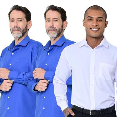 Imagem de Kit 3 Camisas Social Masculina Lisa Manga Longa Camisaria Colombo, Azu