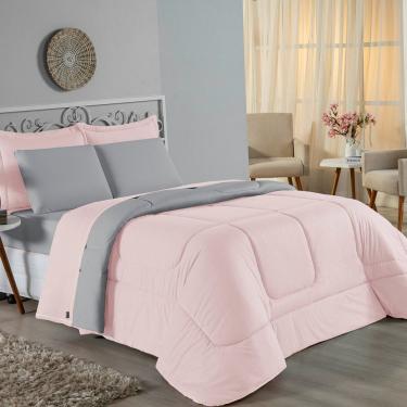 Imagem de Kit Edredom Dupla Face + Jogo De Lençol Casal Viúva Nobre 6 Peças Malha 100% Algodão - Rosa / Cinza