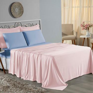 Imagem de Jogo De Cama King Nobre 4 Peças Lençol Com Elástico De 30cm De Altura Malha 100% Algodão - Rosa / Azul-bebê