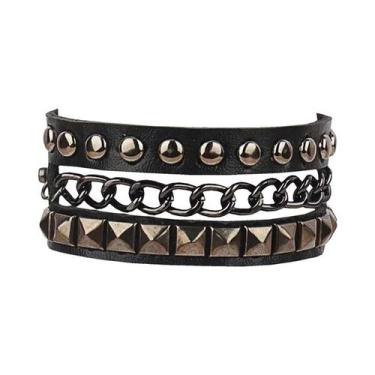 Imagem de Pulseira De Couro PU Preta Feminina Com Rebites Pontiagudos Estilo Pun