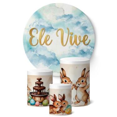 Imagem de Kit Painel Redondo e Trio de Capas de Cilindros Feliz Páscoa Coelho - 