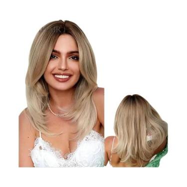 Imagem de Peruca Sintética Loira De Comprimento Médio E Liso Com Franja Para Mul