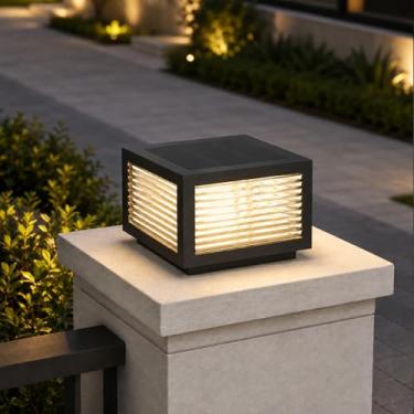 Imagem de PTOUG Luminária solar para ambientes externos, aço inoxidável, IP65, à prova d'água, luz de pilar, regulável, LED, lâmpada de coluna de paisagem moderna para postes de pátio, decoração de jardim de