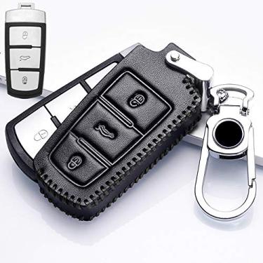 Imagem de YJADHU Capa de chave de couro para carro remoto Capa de chave, adequado para Volkswagen VW Passat CC B6 B7 B7L CC R36 Maogotan B5 Passat 3C, 3