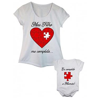 Imagem de Kit Tal Mãe Tal Filho Camiseta e Body de Bebê Quebra Cabeça (Adulto P - Body M, Branco)