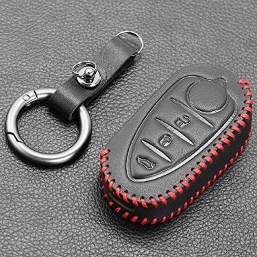 Imagem de CSHU Capa de chave de carro de couro com 3 botões capa chaveiro anel chave bolsa, adequado para Alfa Romeo Mito Giulietta Brera 4C 159 GTA