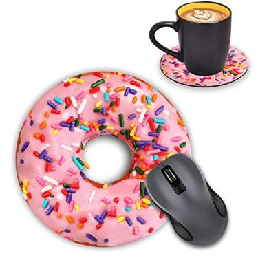 Imagem de LOWORO Mouse pad redondo com conjunto de porta-copos, donut rosa morango com granulados design mouse pad de borracha antiderrapante acessórios de escritório decoração de mesa mouse pads para computado