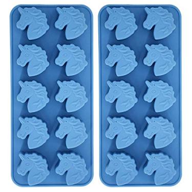 Imagem de Fewo, 2 unidades de cabeça de unicórnio, molde de bandeja de silicone para chocolate, cubo de gelo rígido, gelo, gelatina, mini sabonete, bomba de banho, bolo, resina, giz de cera