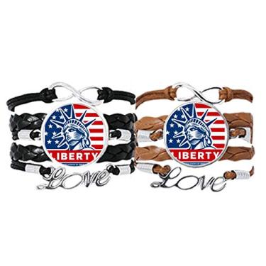 Imagem de DIYthinker Bandeira dos EUA com estampa de estátua da Liberdade Pulseira de mão Pulseira de corda de couro Conjunto duplo Presente