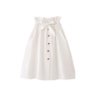 Imagem de Saia feminina de cintura alta WSLCN, elegante, casual, vintage, plissada, com botões, saia midi com bolsos para cinto, Branco, Waist 23.6"-38.6"