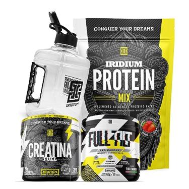 Imagem de Kit Whey protein Mix + Creatina fuel 150g + Pre treino Full tilt + Galão Iridium Labs sabor: Morango
