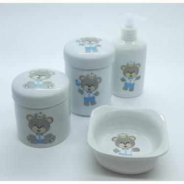 Imagem de Kit higiene bebê Principe Ursinho 4 peças - potes, porta álcool e molhadeira - Tudo porcelana