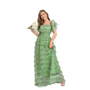 Imagem de Camisa Feminina Ruffle Trim Mesh Overlay Ruffle Hem Dress (Color : Green, Size : M)