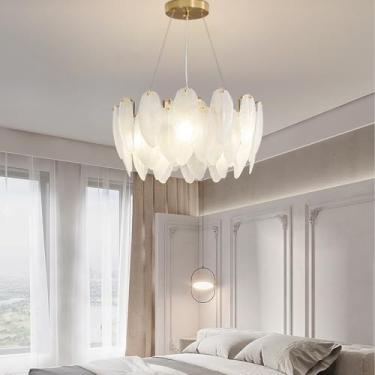 Imagem de Lustre de vidro moderno de 5/7 luzes, luminárias pendentes de penas brancas de criatividade, luminárias pendentes redondas grandes ajustáveis de 47,2 pol., luminária suspensa de teto para sa