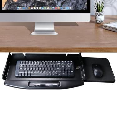 Imagem de Bandeja de teclado embaixo da mesa, teclado removível com ferragens de grampo C resistente, 68 cm de largura x 28 cm de profundidade, gaveta deslizante para teclado de computador e bandeja de mouse