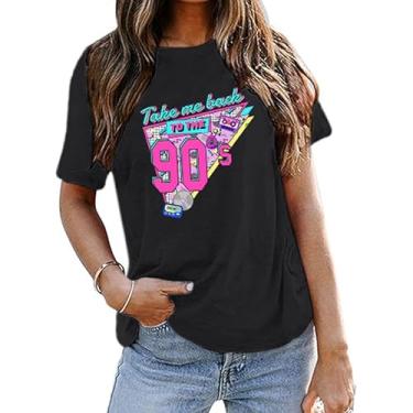 Imagem de BINTEHGS Roupas femininas com estampa vintage dos anos 90 camisetas femininas gola redonda casual anos 90 roupas para presente de festa de aniversário, Preto, GG