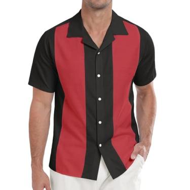 Imagem de Askdeer Camisas masculinas de linho vintage camisa de boliche manga curta camisa de praia Cuba casual verão camisa de botão, A08 Preto Vermelho, X-Large
