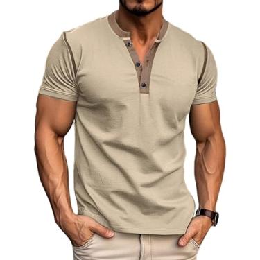 Imagem de Camiseta masculina casual Henley clássica com botão de algodão e manga curta para o verão, básica, lisa, leve, Cáqui claro, P