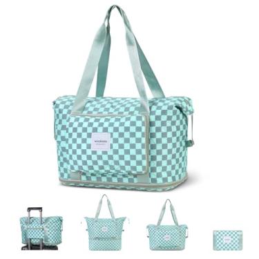 Imagem de WOOMADA Bolsa de viagem dobrável, fim de semana e bolsa de mão com espaço expansível, quadriculado turquesa, Large