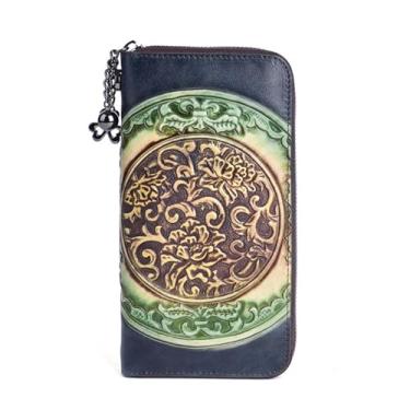 Imagem de Carteira feminina de couro genuíno dobrável com alça de pulso com alça de pulso longa com zíper, c