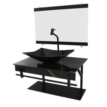 Imagem de Gabinete de vidro 60cm apx com cuba retangular mármore preto dourado -