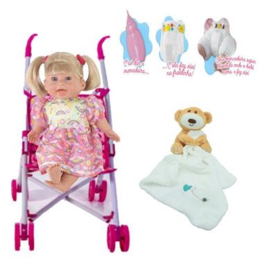 Imagem de Boneca Rafaeli Faz Xixi + Fralda + Naninha Urso + Carrinho - Milk Brin