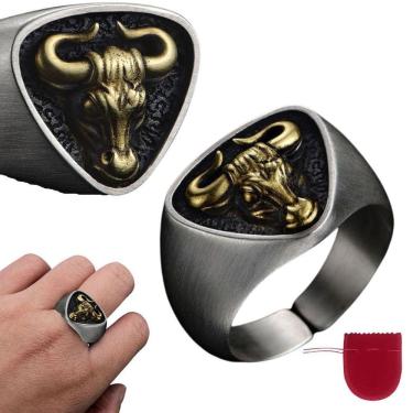 Imagem de Anel Masculino Prata 925 E Dourado Touro Ajustável