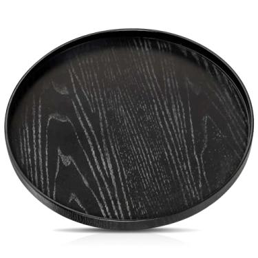 Imagem de Bandeja redonda preta de madeira decorativa de 33 cm para café, chá, lanche, refeições, prato de servir, antiderrapante, cozinha, festa, bar, otomano, com bordas elevadas, grande tábua de mordomo para
