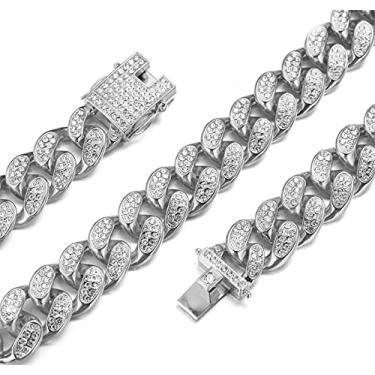 Imagem de Richhut Corrente de ouro para homens ?Cachorro grande? Corrente de elos cubanos de 20 mm de largura tom de prata banhado a ouro branco real banhado a platina colar monofone diamantes fecho de 61 cm