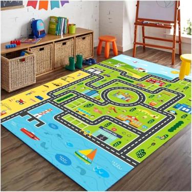 Imagem de Lukhevev Tapete infantil para sala de jogos, carro, tapete de brincadeira, vida urbana, rodovia, mapa divertido da cidade para crianças, carros de brinquedo, tapete para quarto de meninos (tapete