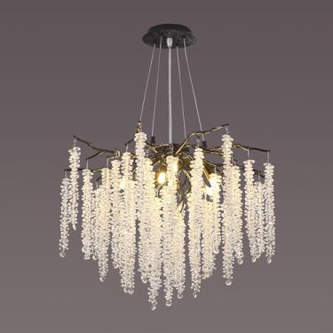 Imagem de Upfelw Lustre Moderno De Cristal Com Galhos De Árvores, D31,5'', Preto, Redondo, Em Formato De Gota De Chuva, Para Áreas Internas, Luminária Suspensa Para Sala De Jantar, Sala De Estar, Quarto, 12