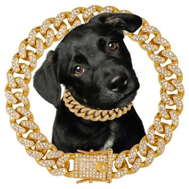 Imagem de Corrente para cães, colar de diamante, banhado a ouro 18K, corrente de metal para caminhada, 12 mm de largura, com fivela segura, coleira estilo cubano, acessórios de joias para cães pequenos, médios