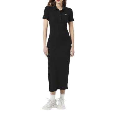 Imagem de Lacoste Vestido polo feminino longo de algodão canelado, Preto, 34