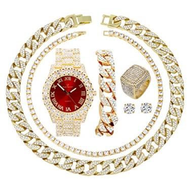 Imagem de Mostrador colorido masculino com pedras grandes e gelo com números romanos, pulseira de corrente cubana, colar cubano, corrente de tênis e anel – ST10327CRNT, Gold - Bloody Red, 9