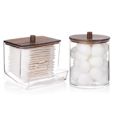 Imagem de Tbestmax Dispensador De Cotonetes, Recipiente Grande Para Bolas Algodão 10/12 Oz, Organizador Potes Plástico Botica, Absorventes Redondos, Palitos Fio Dental - Tampas Madeira