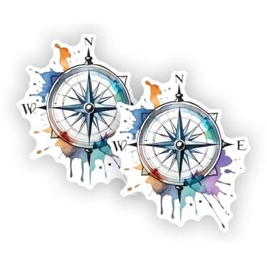 Imagem de Adesivo de bússola em aquarela – Pacote com 2 decalques rosa para bússola de direção de viagem – Vinil de 12 cm para laptop, carro, garrafa de água, bagagem, caderno ou parede – Aventura ao ar livre
