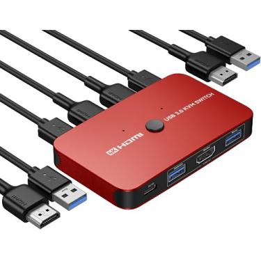 Imagem de Interruptor KVM, interruptor KVM de alumínio ABLEWE HDMI, interruptor KVM para 2 computadores compartilhando um monitor e impressora de teclado de mouse, suporta 4K a 60Hz, 2 cabos HDMI e 2 cabos USB,