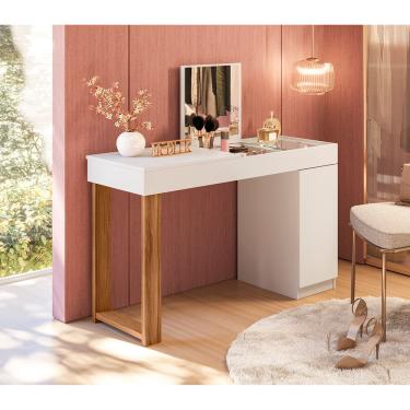 Imagem de Escrivaninha Penteadeira Love com 1 Porta e Tampo de Vidro Branco/cinamomo 