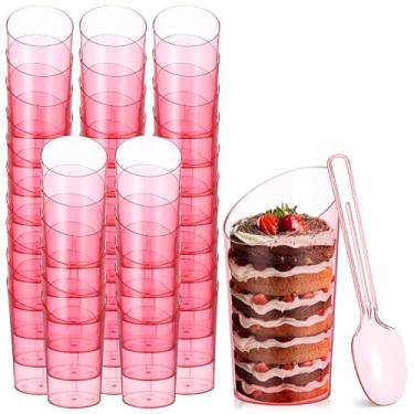 Imagem de Baderke Pacote com 100 mini copos de sobremesa com colheres 62 g copos de plástico rosa para atirador de sobremesa pequenos recipientes de aperitivo inclinados para servir mousse pudim triffle